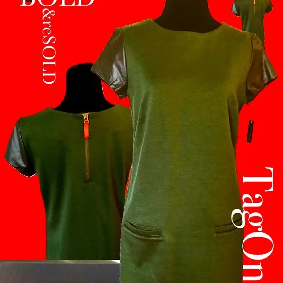 Tommy Hilfiger Faux Leather Sleeve Olive Dress Tommy Hilfiger Faux Leather Sleeve Olive Dress